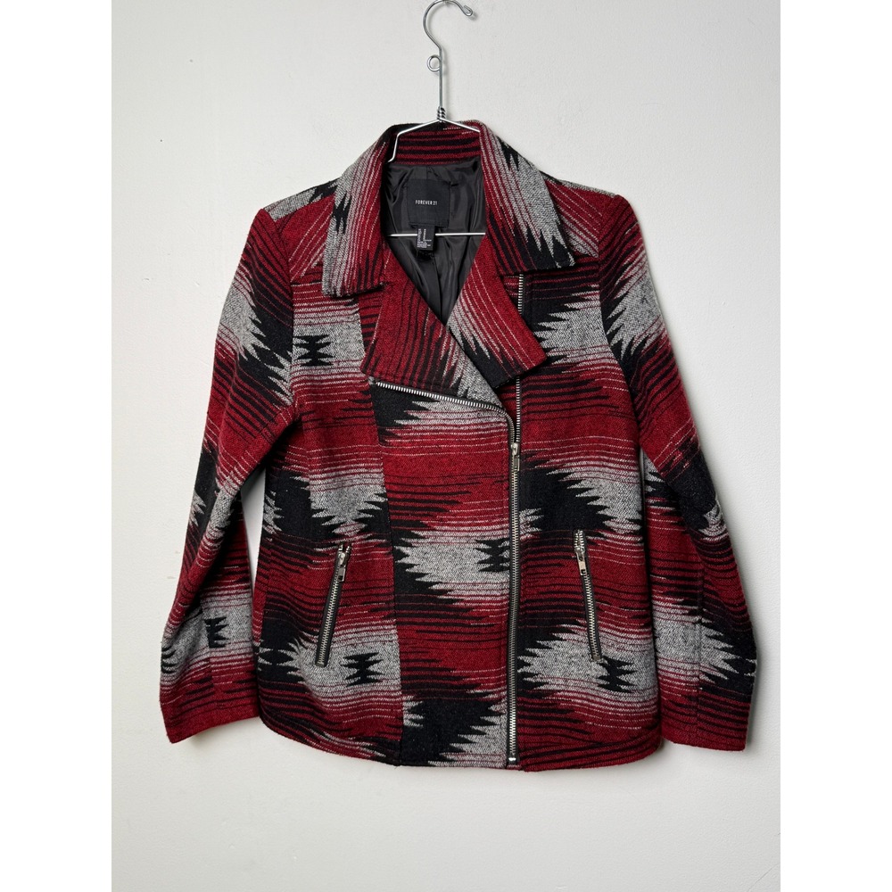 Forever 21 Womens Red Black Southwestern Aztec Moto Jacket Size M Geometric Zip